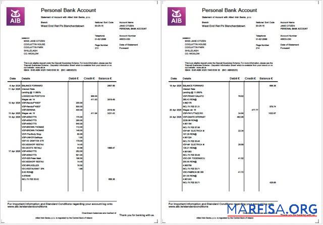 Downloadable Ireland Allied Irish Banks (AIB) statement of account word 2 pages real example